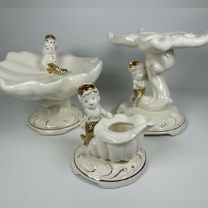 Vintage Napco Princess mermaid all ceramic 3 piece bathroom set Mid century RARE